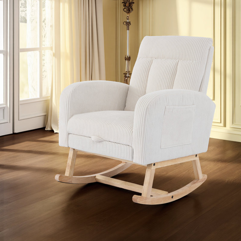 Chaise berçante de chambre de bébé avec dossier haut, fauteuil oscillant rembourré avec poche latérale, Crème, crème