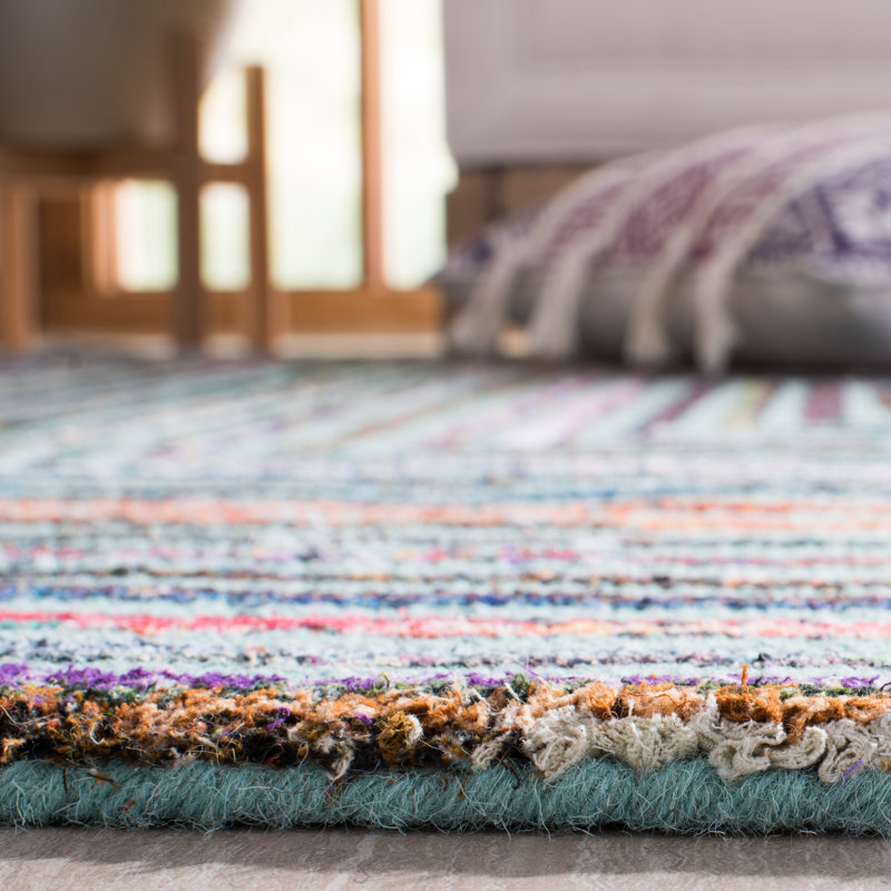 Tapis vert / bleu sarcelle en laine / coton touffeté à la main à motif géométrique Nantucket, Carré 4 pi