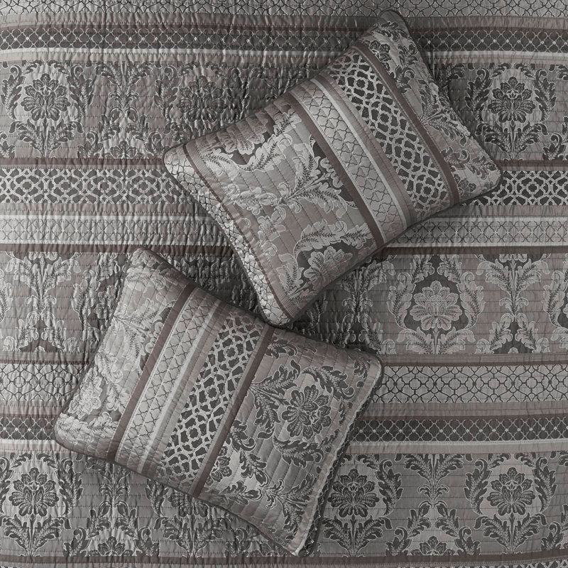 6-Piece King/Cal King 6 Piece Jacquard Quilt Set with Throw Pillows,Grey, King/Cal King Sheet Set with 5 Additional Pieces