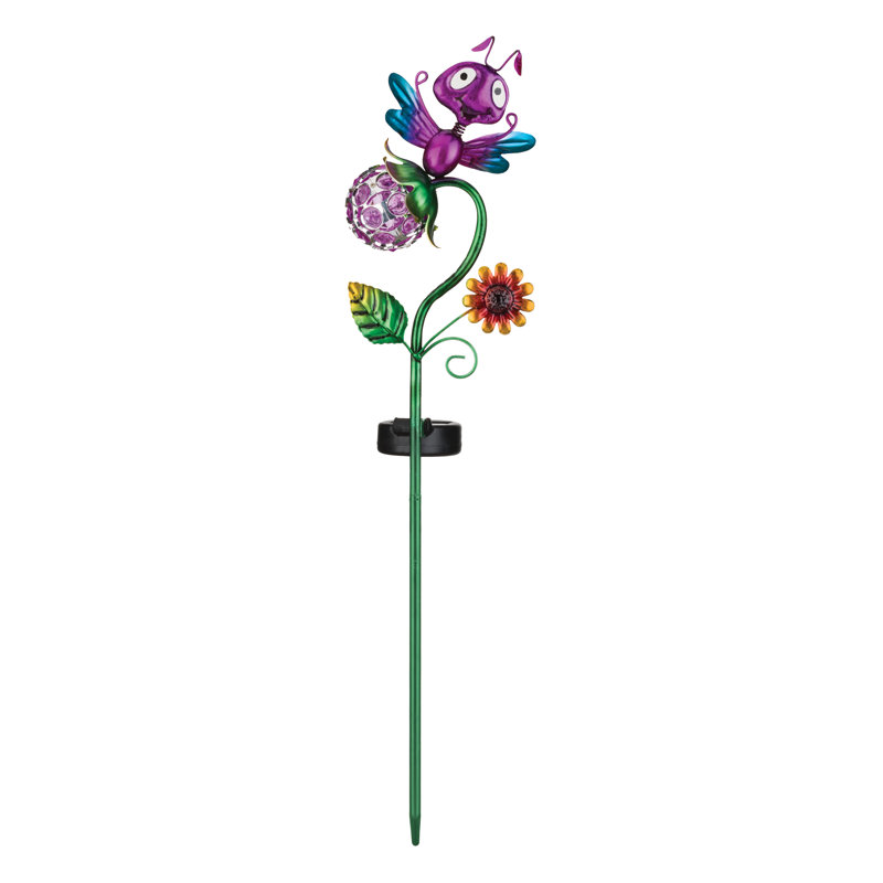 Piquet de jardin à énergie solaire 22 pouces en métal et acrylique avec lumières DEL intégrées, Libellule