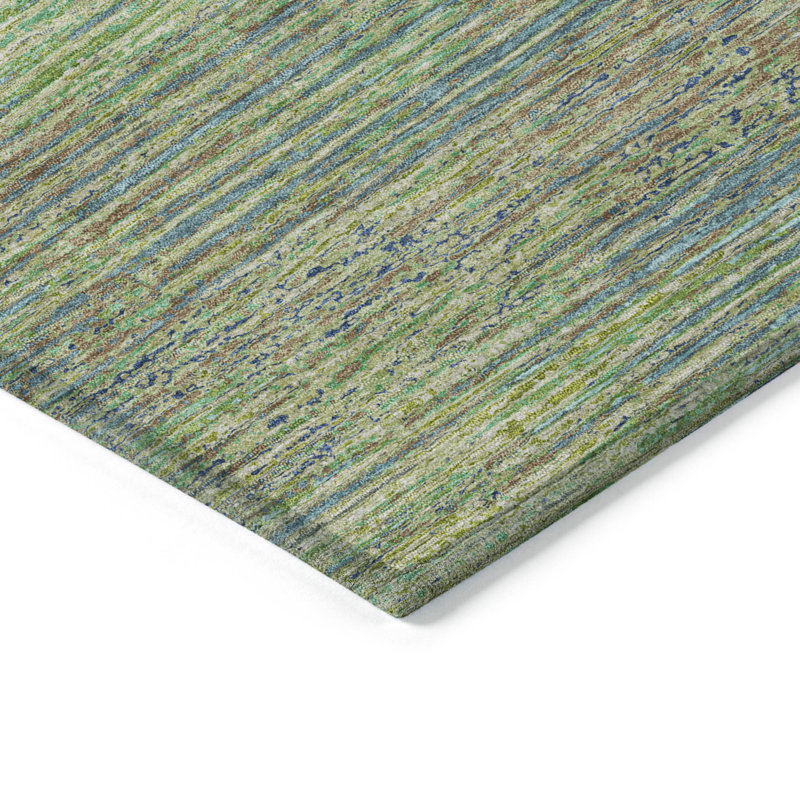 Machine Washable Green and Blue Synthetic Stripe Rug