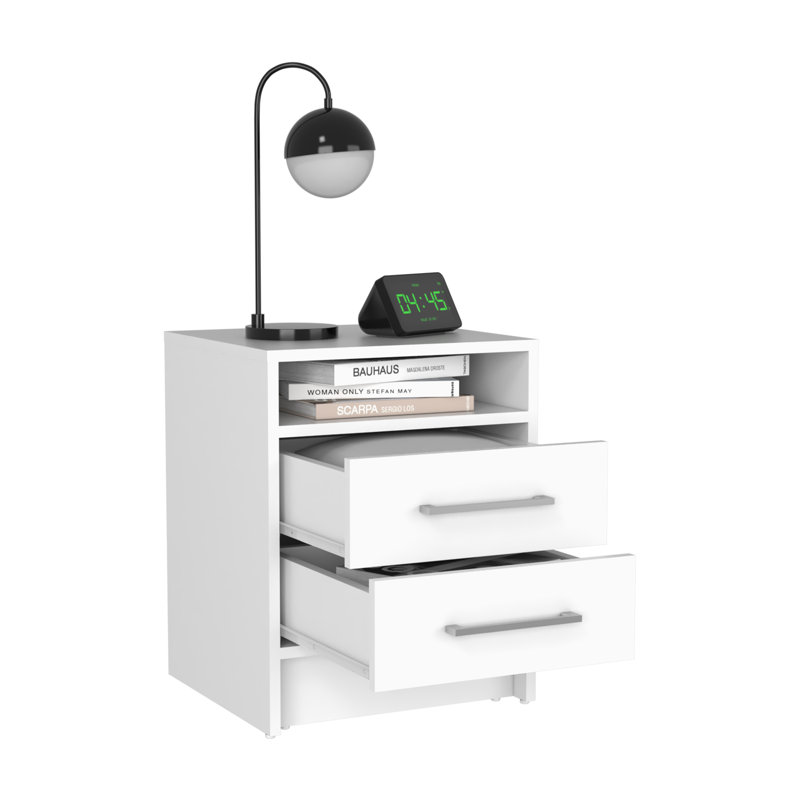 Table de chevet et table d'appoint blanche à deux tiroirs avec plateau supérieur blanc, Blanc