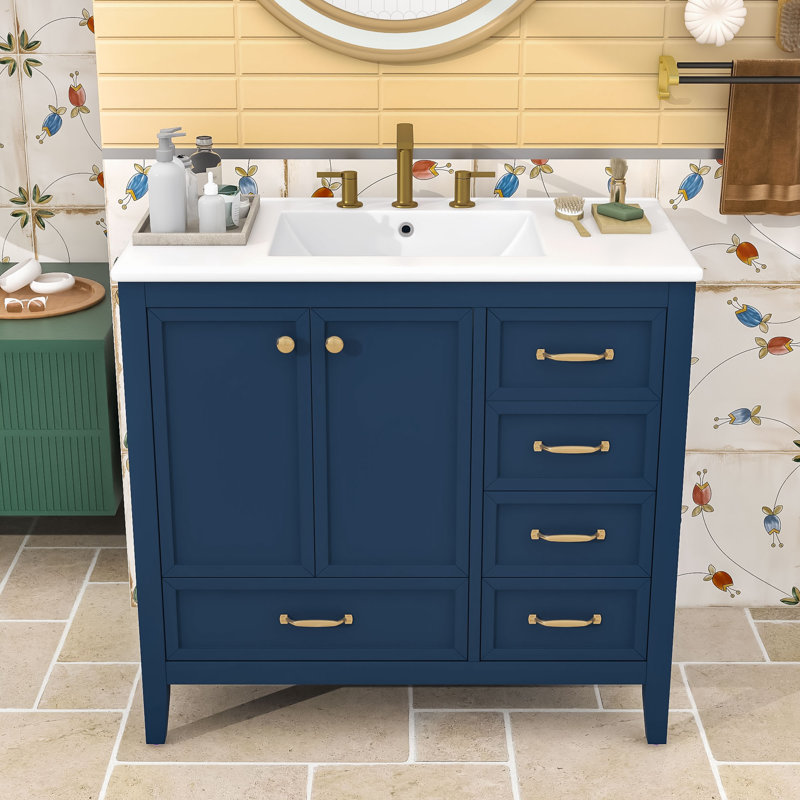 Meuble-lavabo 36 po avec lavabo en céramique, portes à fermeture en douceur et tiroirs de différentes tailles, Bleu