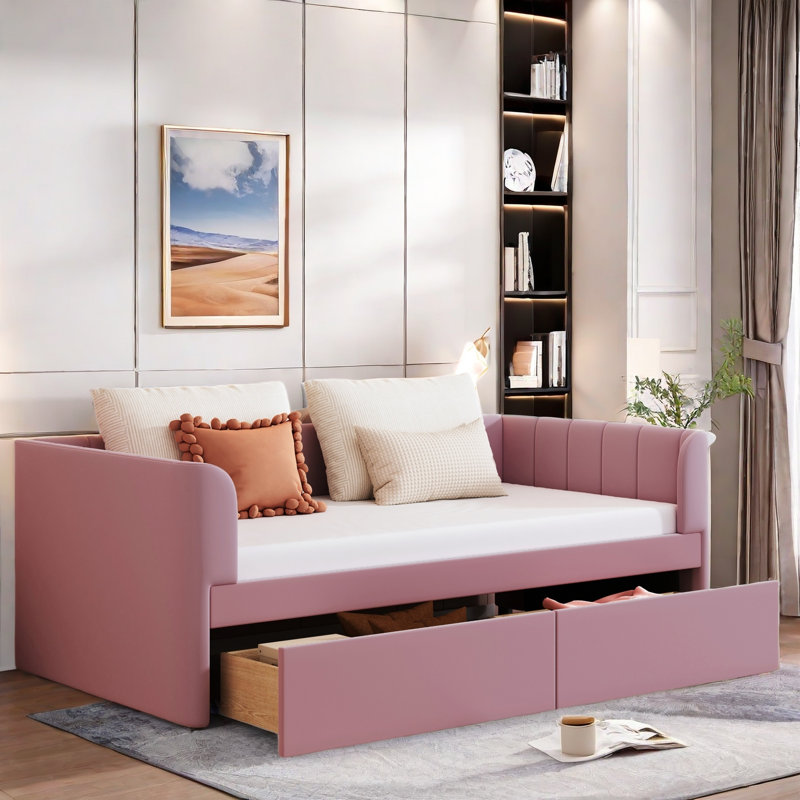 Aliasa Upholstered Daybed with Ergonomic Design Backrest and 2 Drawers, Pink