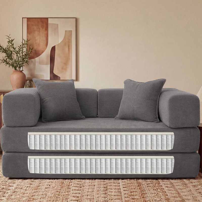 Convertible Sleeper Sofa With Removable Armrests, Corduroy Fabric Sofa Couch, No Assembly Required For Living Room, Dorm, Studio