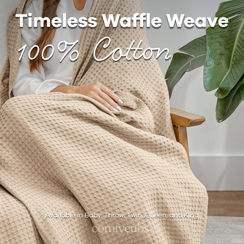 Comfy Cubs 100% Cotton Waffle Weave Throw Blanket Breathable Skin-Friendly Soft Lightweight, Textured Blanket, Throw, Sand
