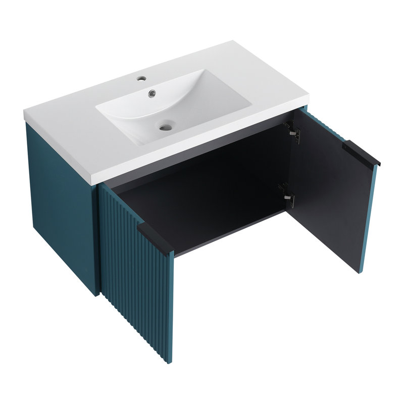 Meuble-lavabo mural 36 po avec lavabo en résine et 2 portes à fermeture en douceur, Bleu lac