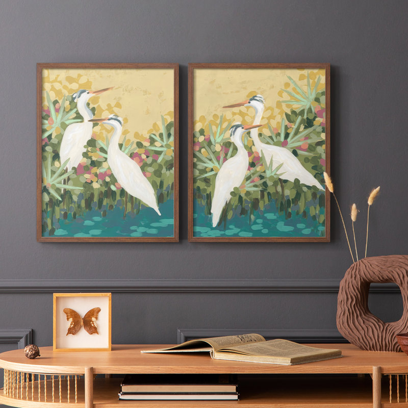 Reproduction encadrée Heron Lagoon I-Premium - prête à être accrochée - aucun clou requis - aucun clou requis, Noyer