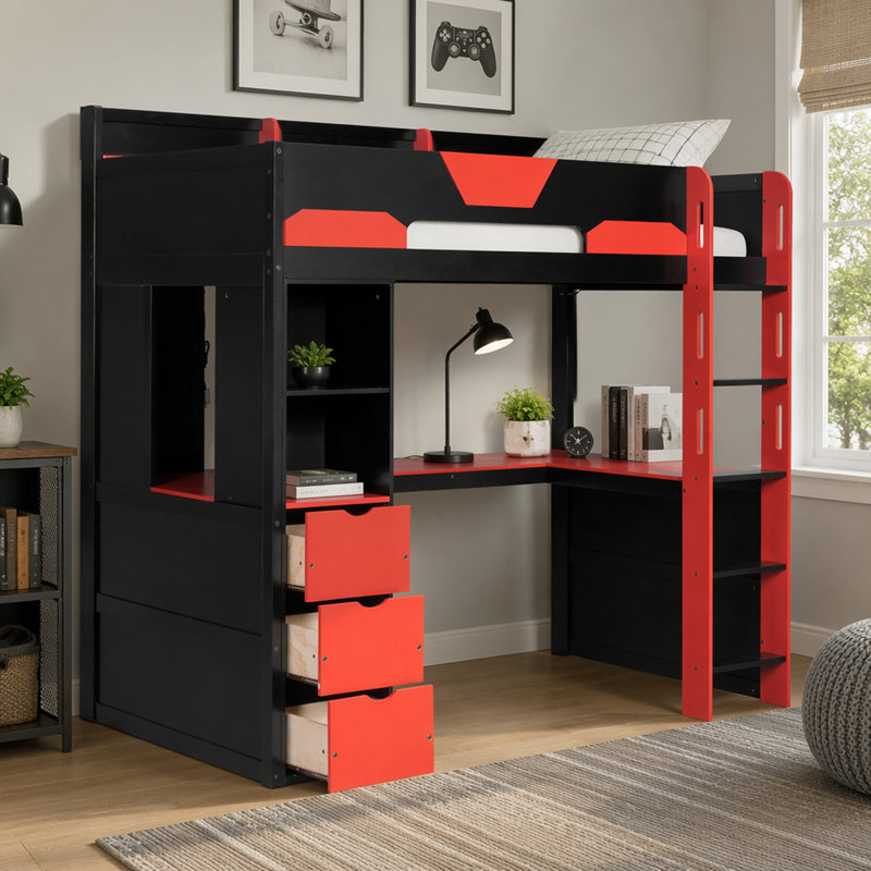 Lit mezzanine en bois pour lit simple avec bureau en U, lumières à DEL intelligentes et ports USB, Lit simple, Noir et rouge