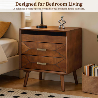 24-Inch Walnut Finish Nightstand with Built-in Charging Station - Dual USB & Type-C Ports, Two Drawers, Open Shelf for Bedroom or Living Room