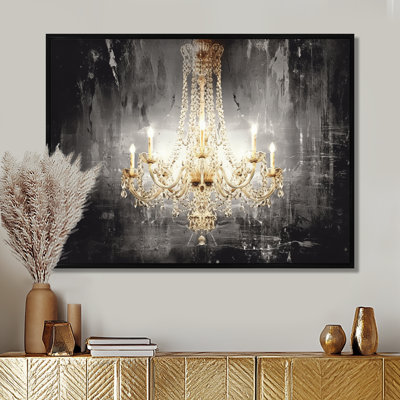 Golden Chandelier Shining Through The Darkness I - Glam Chandelier Wall Art Print