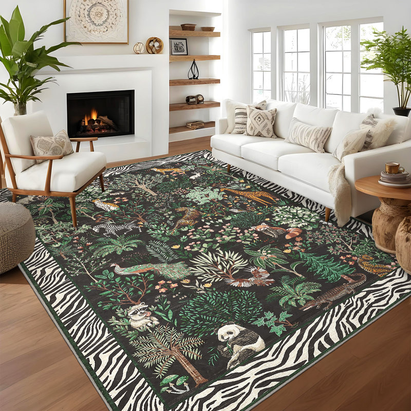 Tapis de salon pour animaux lavable Jungle, Rectangle 9 pi x 12 pi, Noir