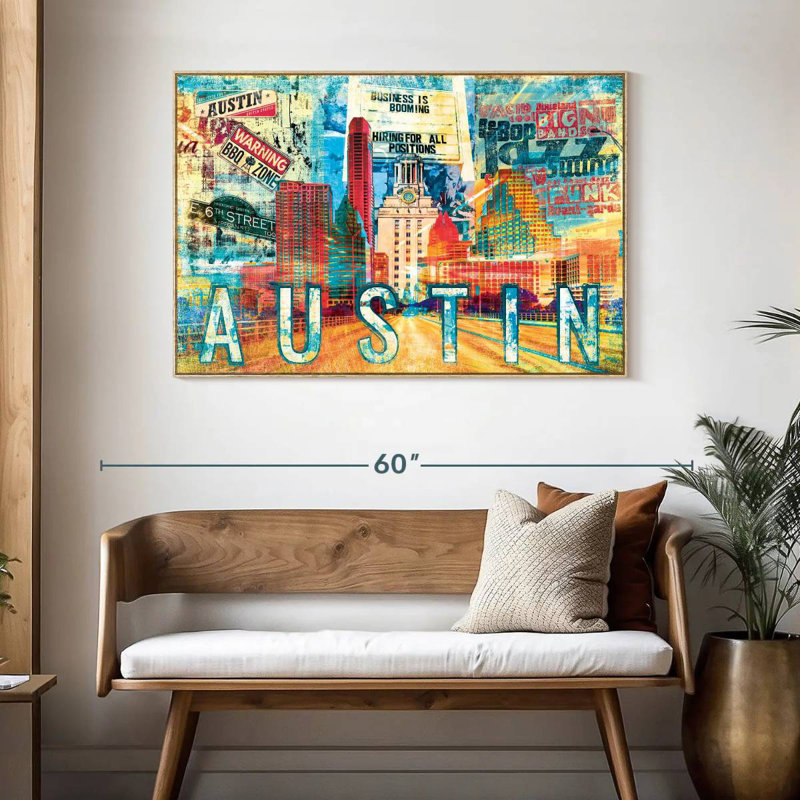 Road to Austin City Grunge, 46 po x 31 po, Cadre flottant en bois naturel