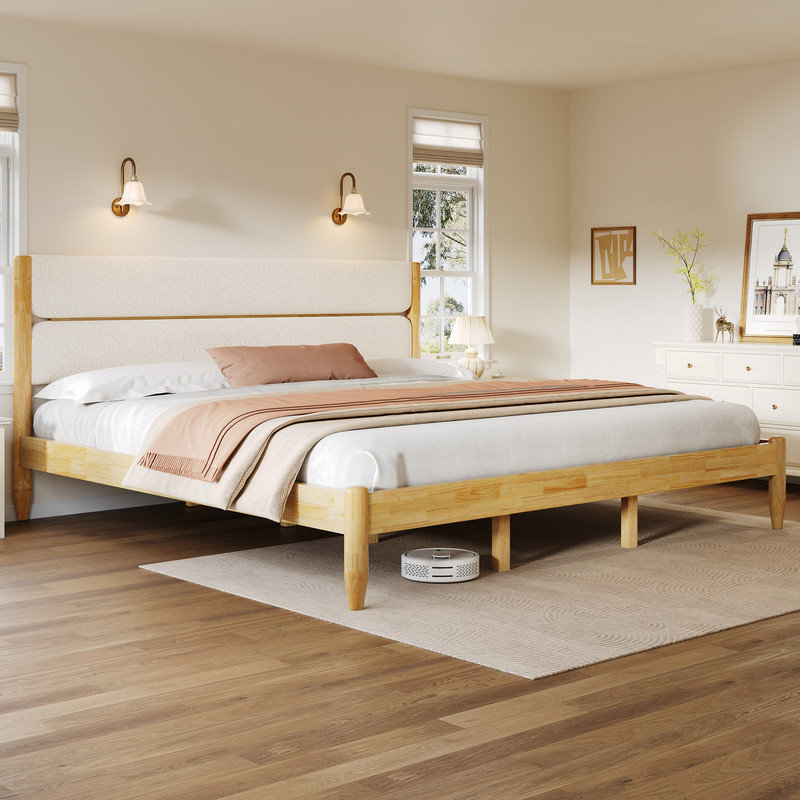 Latitude Run® King Size Solid Wood Bed Frame with Upholstered Fleece ...