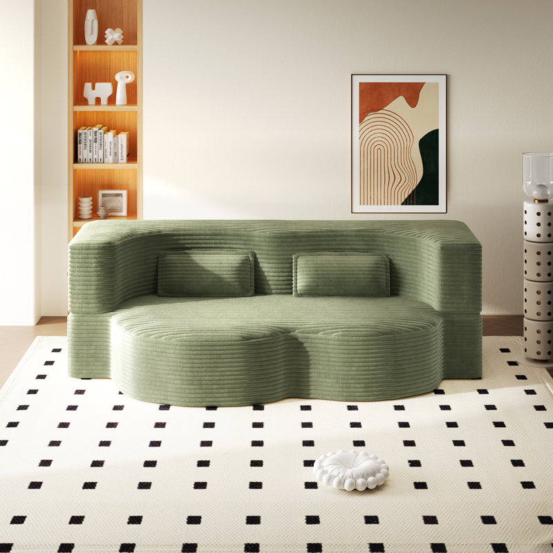 Evren Boneless Modern Minimalist Compression Convertible Floor Sofa Bed with Pillows, Corduroy Green, 30" H x 78" W x 39.8" D