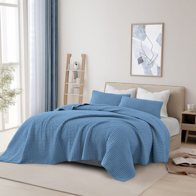 Ensemble de courtepointe en poly jersey 3 pièces, Courtepointe grand + 2 couvre-oreillers standard, Bleu