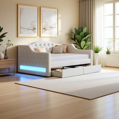 Upholstered Twin XL Size Daybed With LED Belt And 2 Drawers