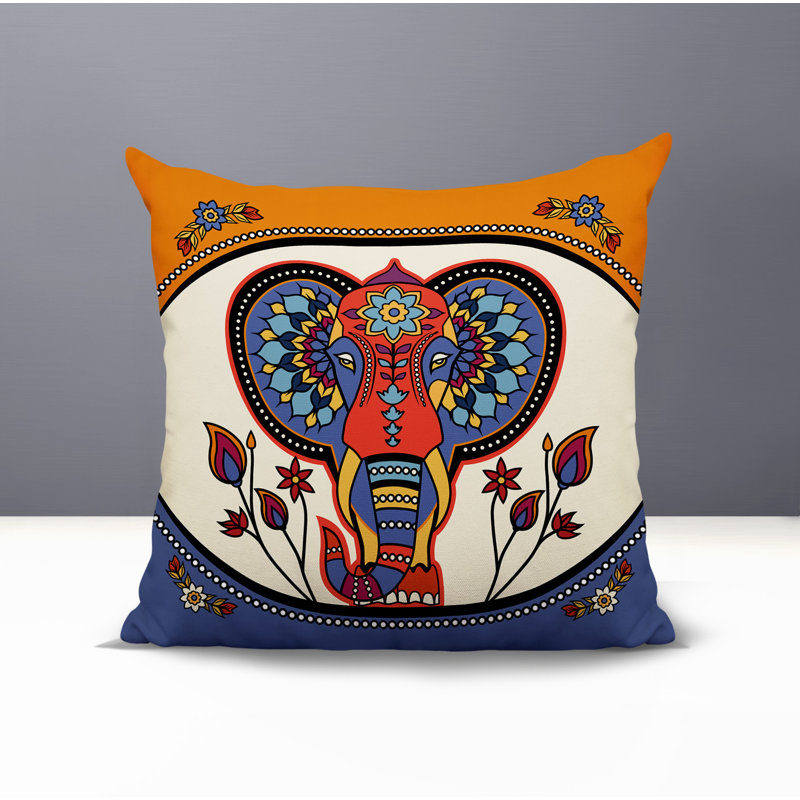 Coussin intérieur / extérieur Indra Elephant, Carré 15 po, Orange / bleu / jaune