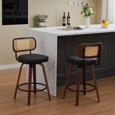 Of 2 Counter Height Bar Stools With 360 Swivel, Walnut Craftsmanship, Cane Back, Upholstered Seat For Island/Kitchen/Counter/Bar  Walnut Black  - American Design, Wing Foam Filler, Pu Leather Main
