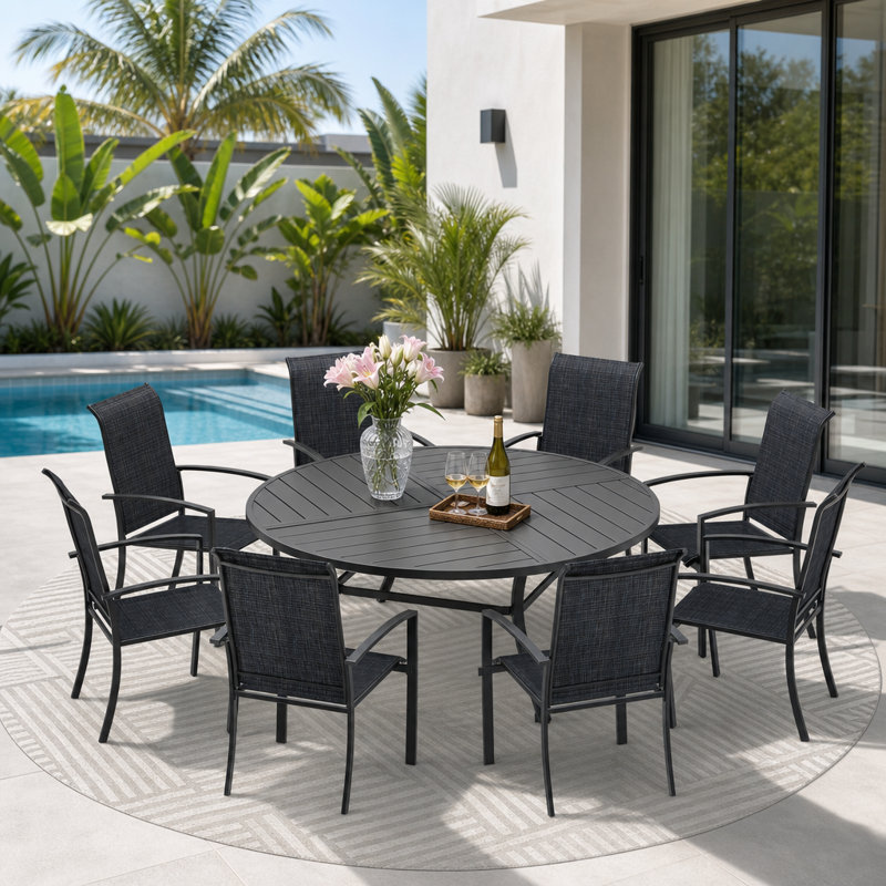 8-Person Round Patio Dining Set With Stackable Textilene Chairs, Black