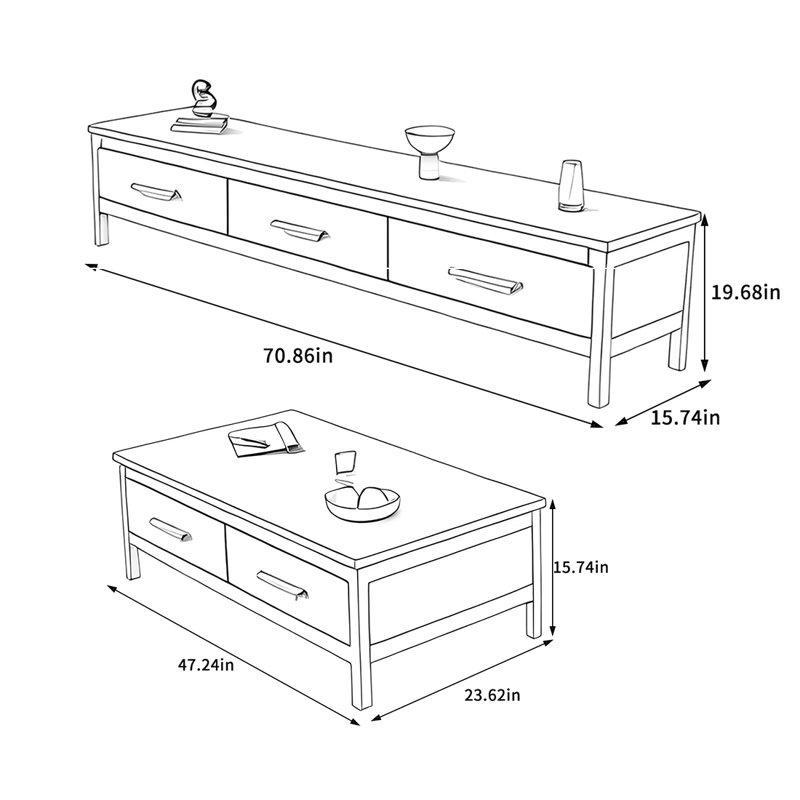 Ensemble de table basse et meuble télé en bois massif, Brun, Blanc / bois noueux