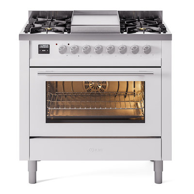 Cuisinière à double combustible ILVE Professional Plus II Series 36 po avec 6 brûleurs scellés et plaque de cuisson (gaz naturel, porte vitrée)