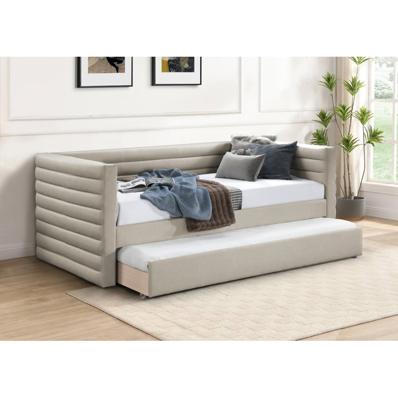 Beverly Twin Daybed with Trundle, Beige Vegan Leather