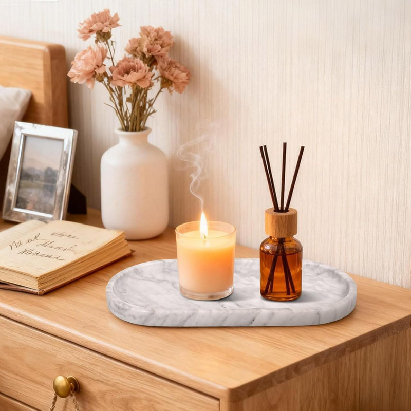 Plateau en marbre naturel, coiffeuse ovale et comptoir pour parfums, cosmétiques, bijoux et savon