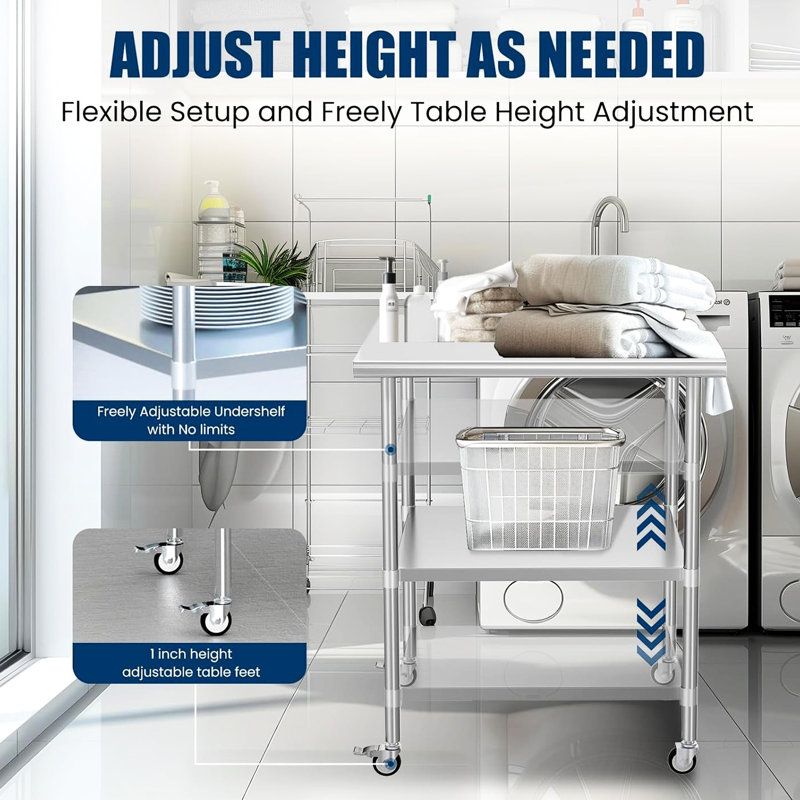 24 X 30 Inches Stainless Steel Table With Adjustable Undershelves And Wheels, Corrosion , For Restaurant Garage Wheels Undershelves, Wear Commercial Kitchen Hotel