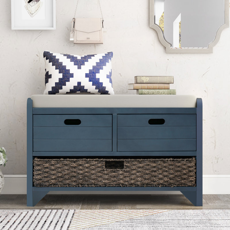 Storage Bench with Removable Basket & 2 Drawers - Fully Assembled Shoe Bench with Removable Cushion, Navy