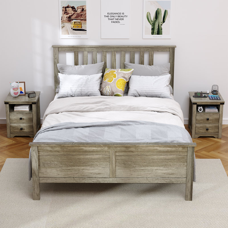 Nightstand with Charging Station, Farmhouse Nightstand with LED Lights, Modern Rustic Side Table with 2 Storage Drawers, Wooden End Table for Bedroom