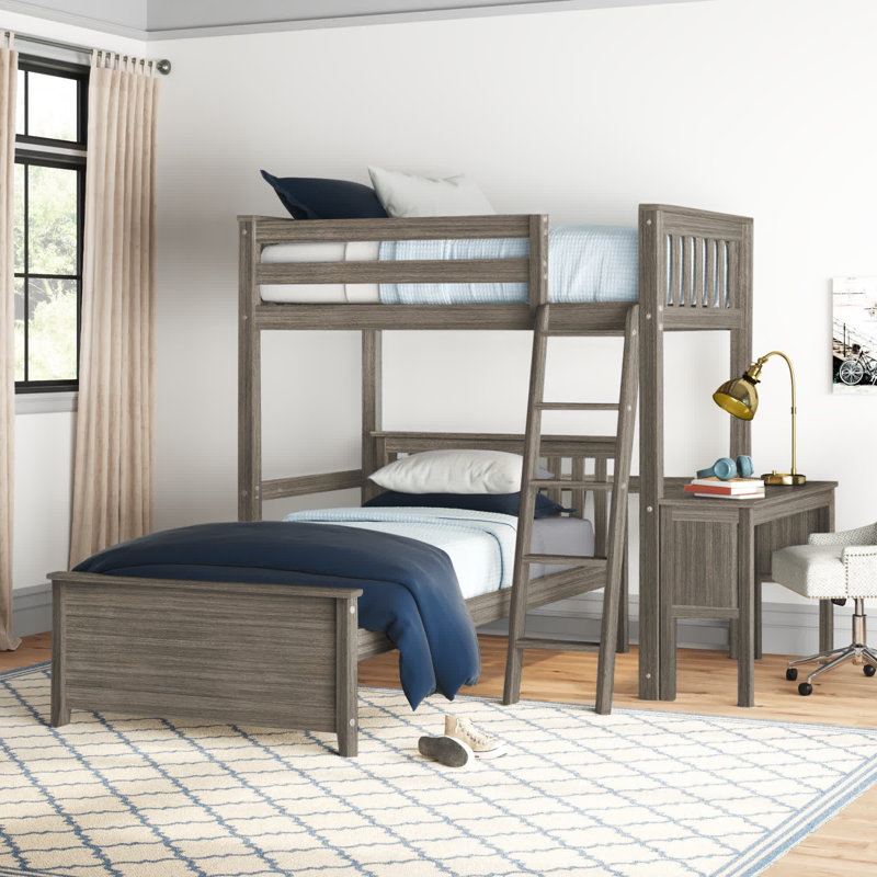  Lits superposés en L en bois massif Amaia avec bureau intégré, Simple sur double, Argile