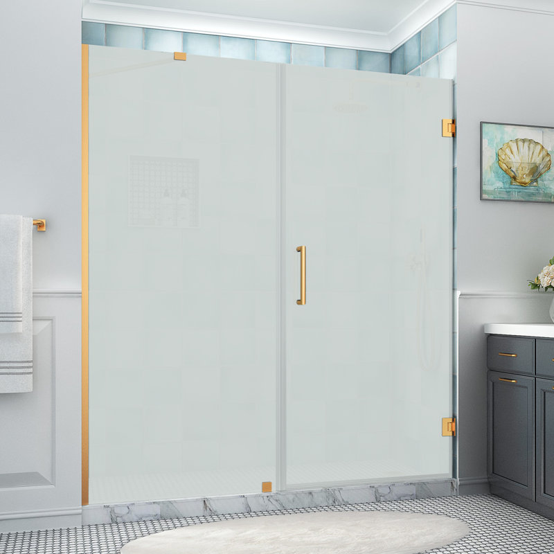 Belmore XL 75.25 - 76.25 in. x 80 in. Frameless Hinged Shower Door with Ultra-Bright Glass, Brushed Gold, Frosted Glass
