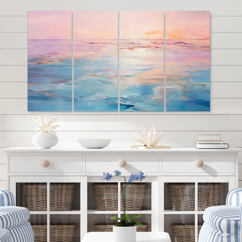 Coucher de soleil rose et bleu pastel sur toile, 4 pièces