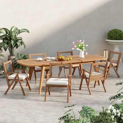 Ansley Patio 7-Piece Expandable Acacia Wood Dining Set With Cushions