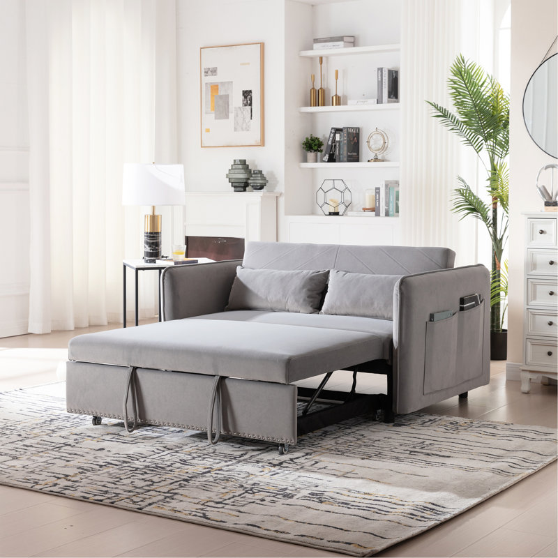 Canapé-lit convertible futon 3 en 1, canapé-lit en velours de 55 po avec 2 coussins, dossier inclinable, poches latérales pour le salon, canapé-lit