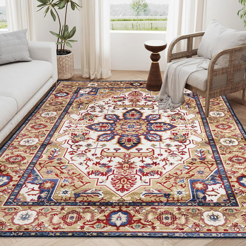 Large Area Rug 6X9, Non-Slip, Washable, Blue/Gold Vintage Bohemian For Living Room 6X9 , Machine Bedroom, Kitchen