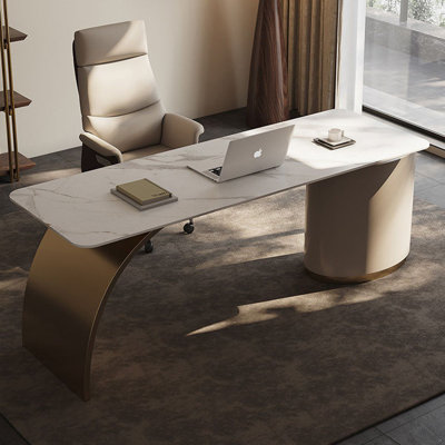 Gold + Khaki Rectangular Sintered Stone + Manufactured Wood + Stainless Steel with 3 drawers desk