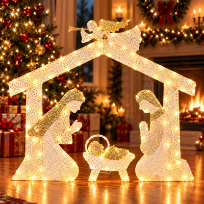 Crèche de Noël illuminée pour jardin, pré-illuminée, en métal et guirlandes, représentant la Sainte Famille avec des lumières DEL chaudes et un ange, pour une décoration intérieure ou extérieure.