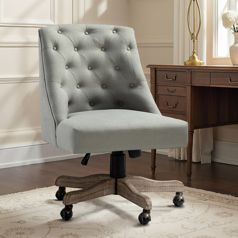 Jovita 38.5"H Farmhouse Tilting Task Chair with Solid Wood Base and Button-Tufted, Gray