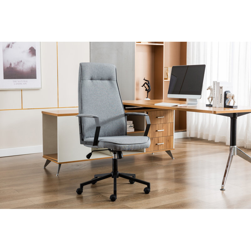 Linen Office Chair with Headrest, Grey