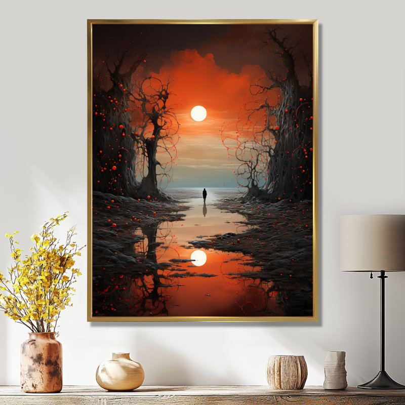 Odyssée des rêveurs - art mural abstrait paysage, Cadre flottant doré, H 32 po x l 16 po