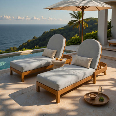 Patio Acacia Wood Chaise Lounge Chairs with Adjustable Backrest Set of 2, Outdoor Reclining Chaise Lounger with Cushion, Single Lounge Chair for Patio