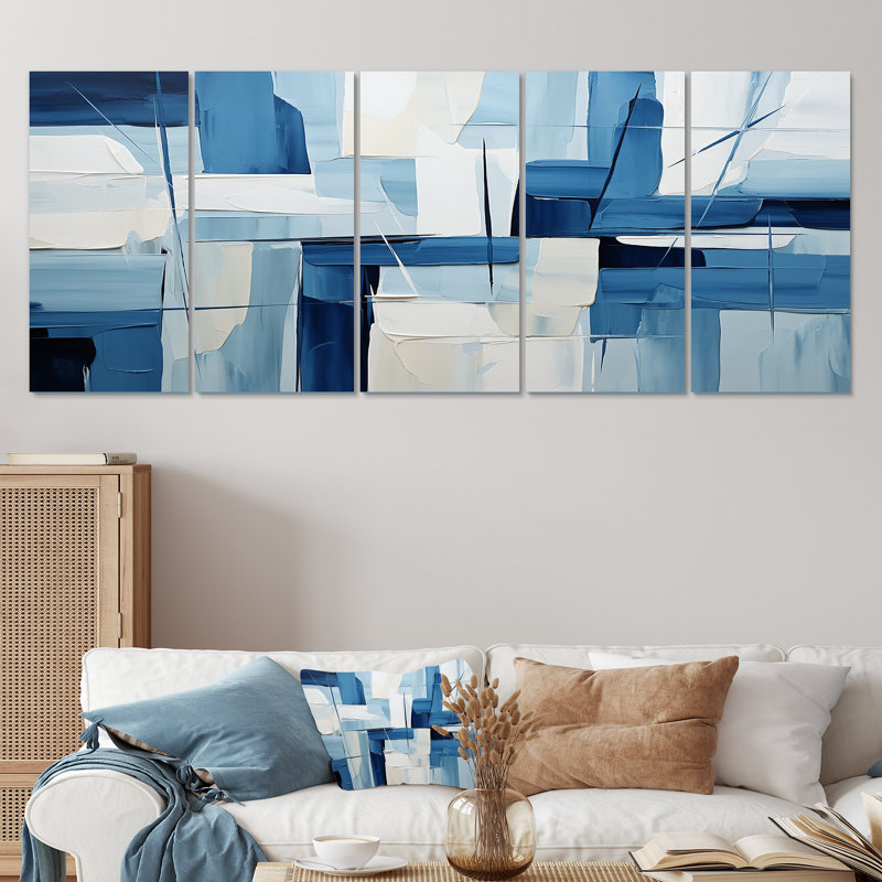 Nautique, formes géométriques blanches et bleues II - Art géométrique abstrait 5 pièces, H 32 po x l 80 po