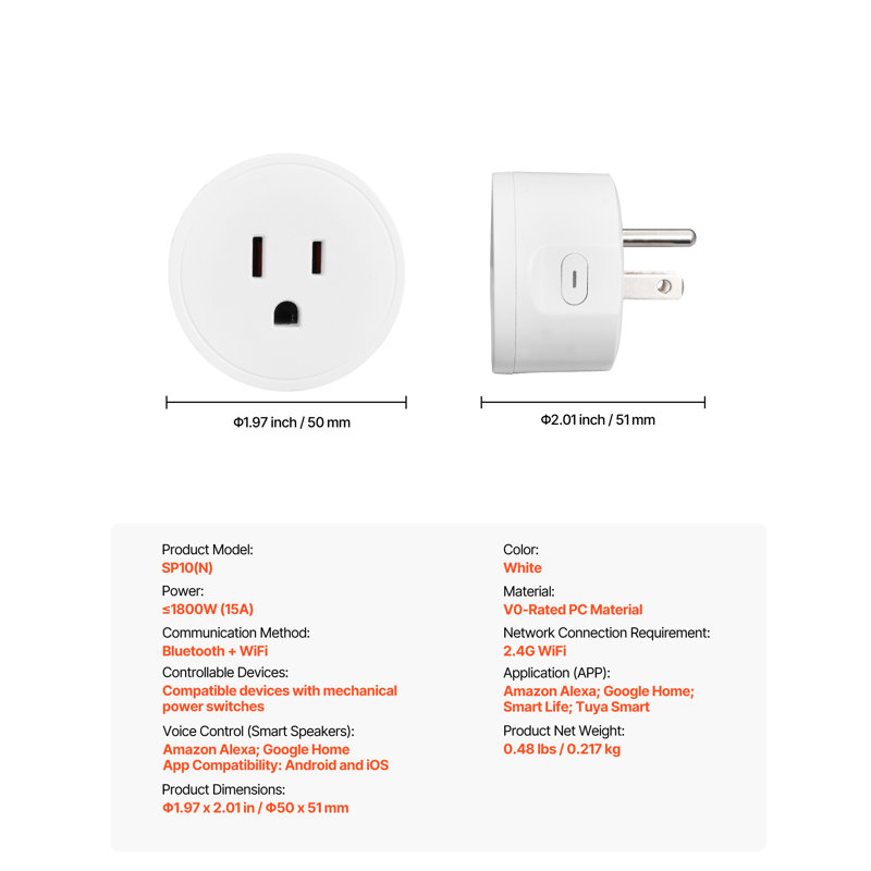Prise intelligente WiFi Smart Plug Works avec Alexa et Google Home, paquet de 4, blanc