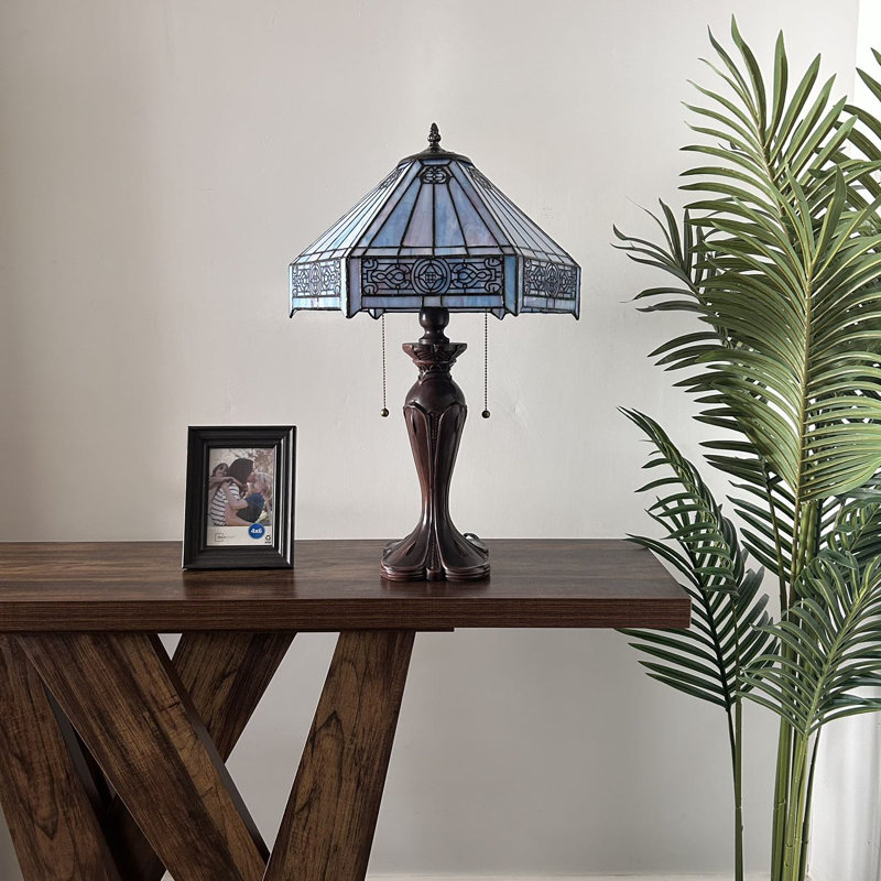 Sehnaz Tiffany Table Lamp Sky Color Stained Glass Hexagon LED Bulbs Included 16'W*16"D*24"H