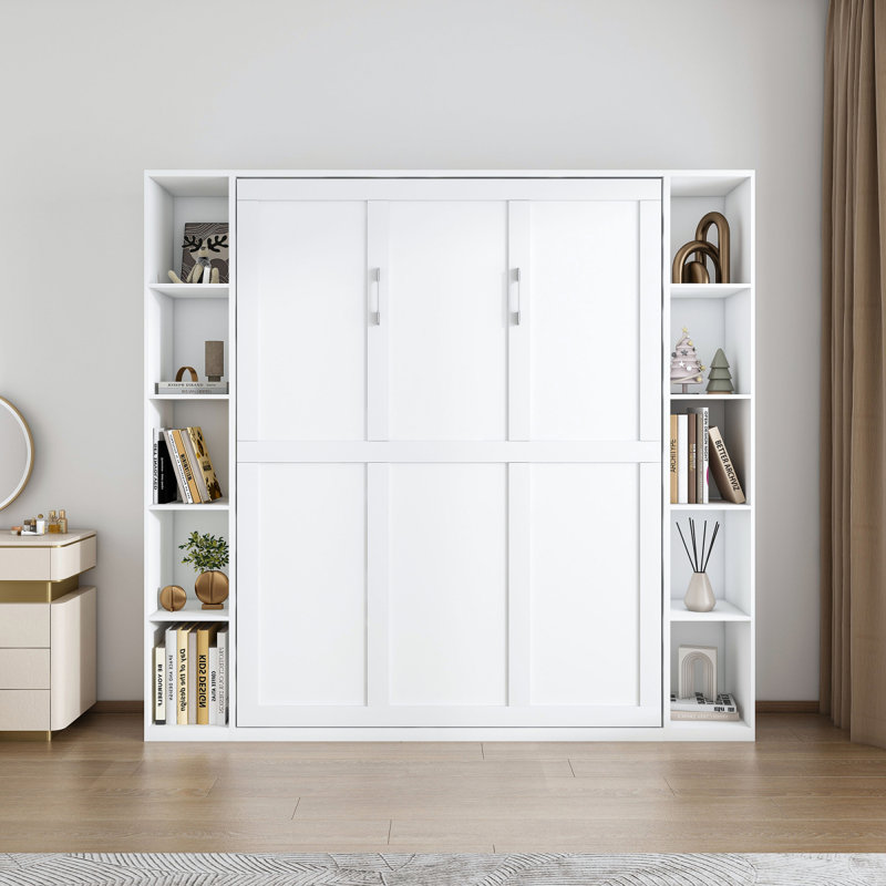Grand lit escamotable, lit mural pliable de 89,7 pouces, avec armoire de rangement, cadre de lit avec quincaillerie et bandes de support en bois massif, cadre de lit caché, convient aux chambres à coucher, chambres d'amis, blanc