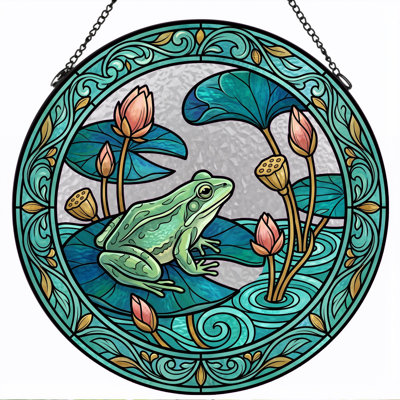 Frog Lotus Stained Glass Window Panel，12"H