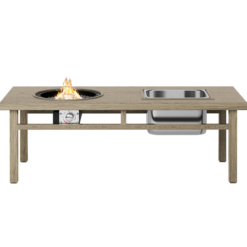 Table basse Beige 31 avec seau à glace et foyer, en forme d'aluminium, volume de boisson de 4,5 gallons, prolonge la durée de refroidissement, pour 6 à 8 utilisateurs, comprend des roches volcaniques, un support de réservoir de propane, des housses,