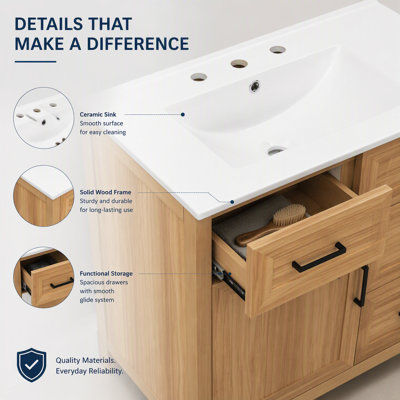 Meuble-lavabo de 30 po en bois avec cadre en bois massif, 1 porte à fermeture douce, 2 tiroirs à fermeture douce, tablette réglable, armoire de rangement moderne